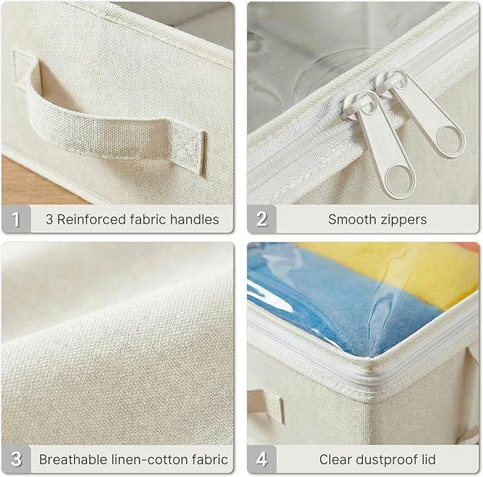 2-Pack Under Bed Storage Containers, 8 Inches Tall Underbed Clothes Storage Organizer Bin with Sturdy Sidewalls/Bottom, Under the Bed Storage Bags 2 Storage Bins, Beige