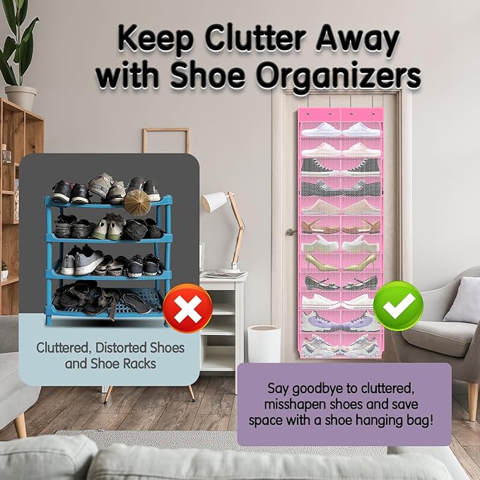 Over The Door Shoe Organizer with 12 Large Breathable Pockets - Durable Hanging Storage for the Entire Family's Shoes (Pink)