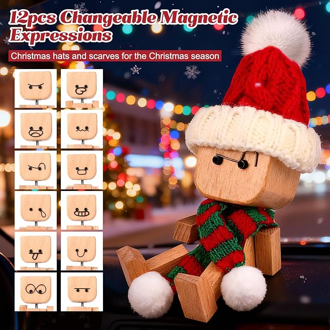 IMOLL Shaking Wooden Man Figurine with 12pcs Magnetic Expressions,Handmade Shaking Feet Wooden Doll,Car Dashboard Desktop Decor Christmas Decor Home&Qffice Decor (with Knit Beanie Hat + Scarf)