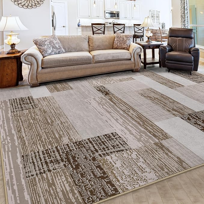 FlyDOIT Modern Geometric Patchwork Area Rug, 6x9 Beige Large Rugs for Living Room, Rockwood Collection Indoor Rugs for Bedroom, Throw Carpet Floor Decor for Entryway Dining Room Office Nursery