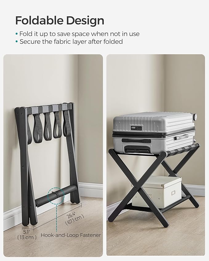 SONGMICS Bamboo Luggage Rack for Guest Room, Set of 2, Folding Suitcase Stand with Fabric Storage Shelf, for Hotel, Bedroom, Heavy-Duty, Holds up to 131 lb, Ink Black URLR007B02