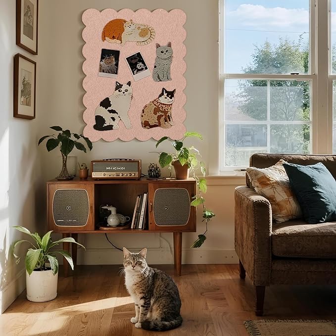 Lightomorrow Scalloped Bulletin Board, 36 x 24 Inches Felt Pin Board - Decorative Cork Alternative for Wall, Foldable Picture Self-Adhesive Vision Prayer Board with 20 Pushpins - Mauvey Pink