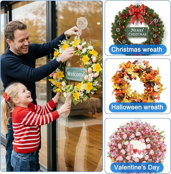 6 Pcs Suction Cup Wreath Hangers for Front Door, Removable Clear Wreath Hooks for Glass Door, Window, Tile Wall, Heavy Duty No-Damage Holiday Decor Hangers for Easter, Halloween, Christmas