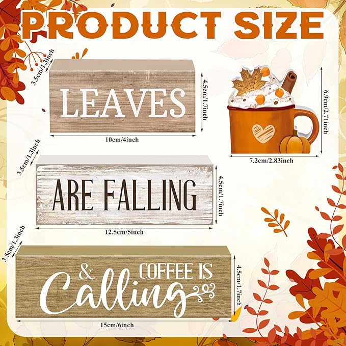 Lineshading 4 Pcs Fall Coffee Table Decorations Fall Decor for Home Thanksgiving Tiered Tray Decor Rustic Wooden Hot Cocoa Cup Pumpkin Latte Block Sign for Autumn Harvest Party Coffee Bar Kitchen