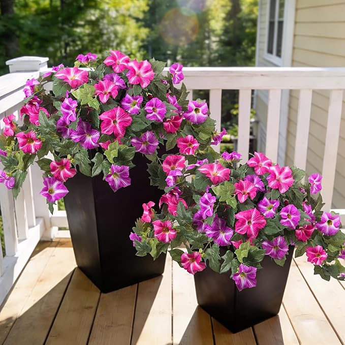 4 Pcs Artificial Fake Petunia Flowers for Outdoor Decoration, Faux Silk Petunias Flower for Spring UV Resistant Realistic Plants for Garden Balcony Yard Porch Indoor Decor(Fuchsia Lotus)
