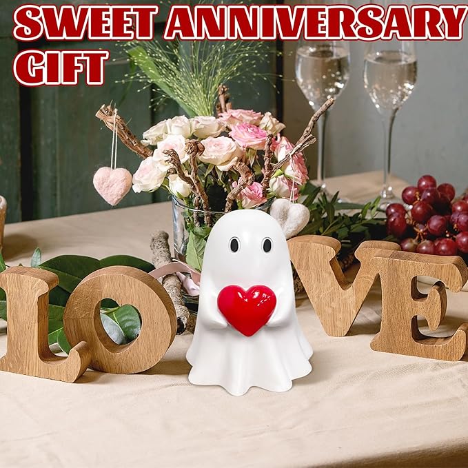Valentines Ghost Figurine - 3.5 in Spooky Resin Ghost Statue, Funny Cute Red Heart Ghost Valentines Decor for Valentines Day Decoration for Home, Best Valentines Day Gifts for Him Her
