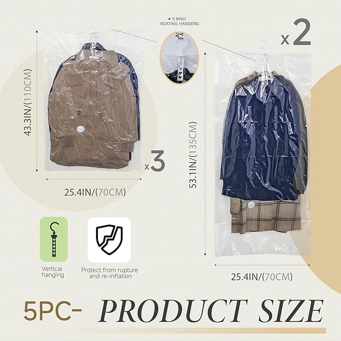 Hanging Vacuum Storage Bags,Hanging Vacuum Sealer Storage Space Saver Bags for Clothes, Suits, Coats, Dresses or Jackets, Reusable Compressed Vacuum Bags Closet Organizers,5 Pack(3 Long,2 Short)