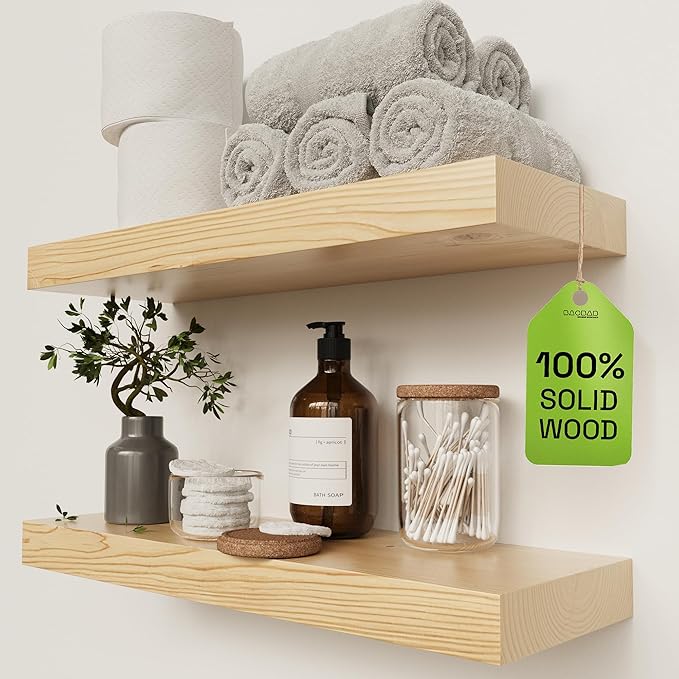 BAOBAB WORKSHOP Solid Wood Floating Shelves for Wall 20 Inch Wide, Wooden Shelf for Bathroom, Light Oak Floating Shelves for Room Wall Mounted Kitchen Farmhouse, Natural Wood, 20W × 6.7D, Set of 2