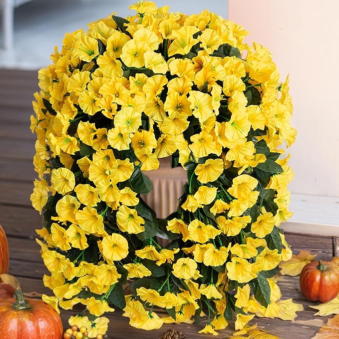 HyeFlora Artificial Fake Hanging Flowers Plants for Outdoor Outside Spring Decoration, 2PCS Faux Silk UV Resistant Look Real Yellow Morning Glory Trailing Vines for Home Planter Porch Patio Balcony