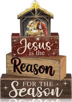 Moucuny 4 Pcs Christmas Table Decoration Christian Wooden Stacked Block, Jesus is the Reason for the Season Signs with Nativity Scene, Rustic Religious Christmas Tiered Tray Decor for Home Church