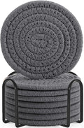 ABenkle 8 Pcs Drink Coasters with Holder, Cotton Woven Absorbent Coasters for Drinks, Minimalist Home Decor Coaster Set for Wooden Tabletop Protection Table, 4.3 inches Grey
