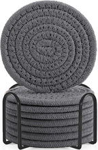 ABenkle 8 Pcs Drink Coasters with Holder, Cotton Woven Absorbent Coasters for Drinks, Minimalist Home Decor Coaster Set for Wooden Tabletop Protection Table, 4.3 inches Grey