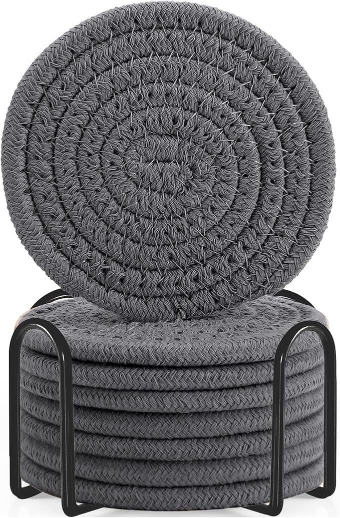 ABenkle 8 Pcs Drink Coasters with Holder, Cotton Woven Absorbent Coasters for Drinks, Minimalist Home Decor Coaster Set for Wooden Tabletop Protection Table, 4.3 inches Grey