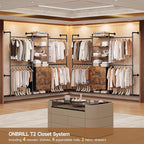 ONBRILL T2 Wall Mounted Industrial Pipe Clothing Rack, Closet Organizers and Storage System with 2 Drawers, 6 Wooden Shelves & 4 Expandable Rods, Heavy Duty Garment Rack, Wardrobe (Rustic Brown)