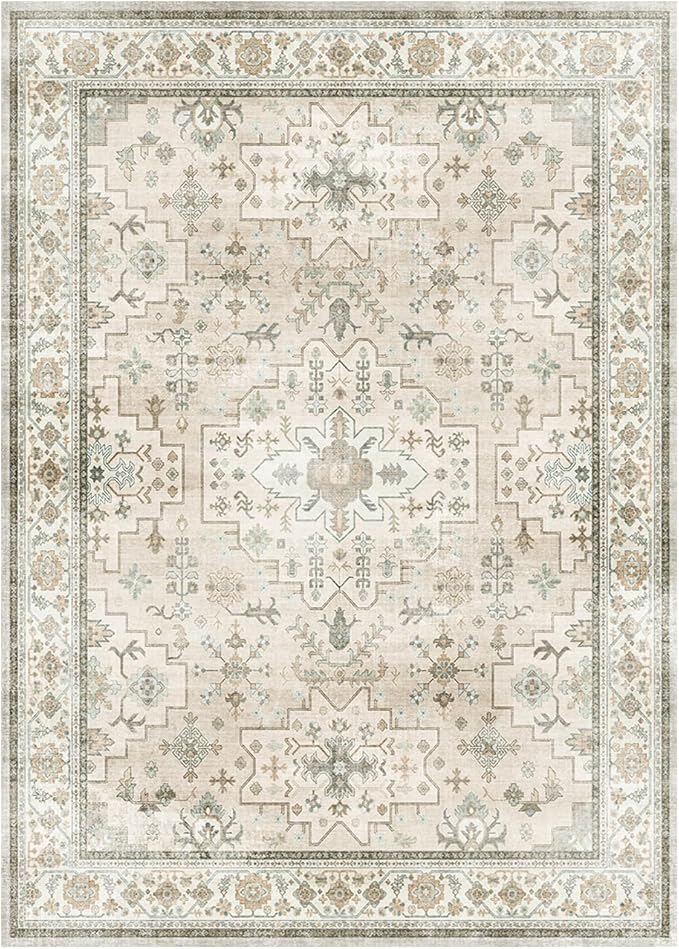 Lessymo Rugs for Bedroom, Washable 5x7 Area Rug for Living Room Dinning Nursery Farmhouse Office, Boho Soft Non-Slip Carpet Kids & Pets Friendly, Vintage Floral Neutral Decor, Beige Brown
