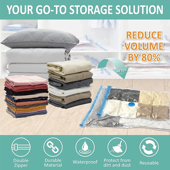 Cozy Essential Vacuum Storage Bags, Compression Space Saver Bags for Clothes, Comforters, Blankets, Pillow, Bedding, Sealer Clothing Storage,6 Combo