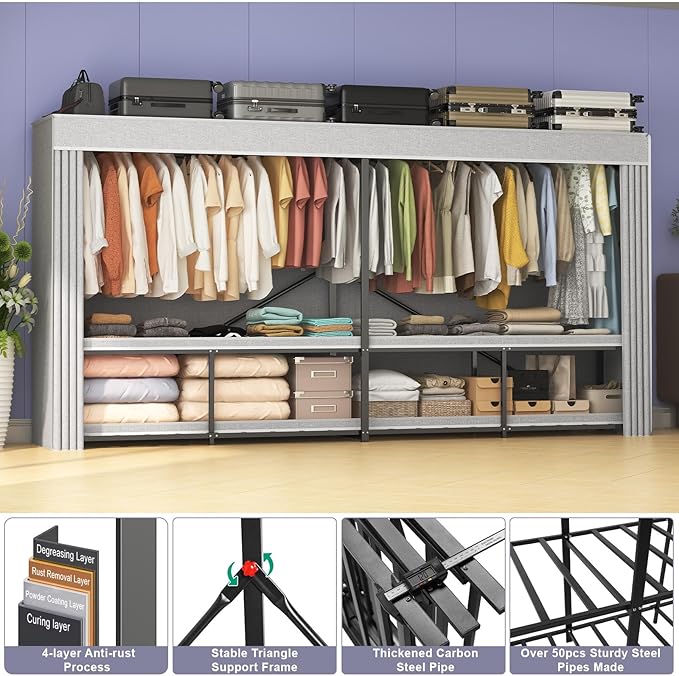 95% Assembled 96" L Heavy Duty Wardrobe Closet, Premium Extra Large Strong Heavy Duty Clothes Rack with Cover,Portable Foldable Freestanding Garment Rack for Hanging Clothes, Black