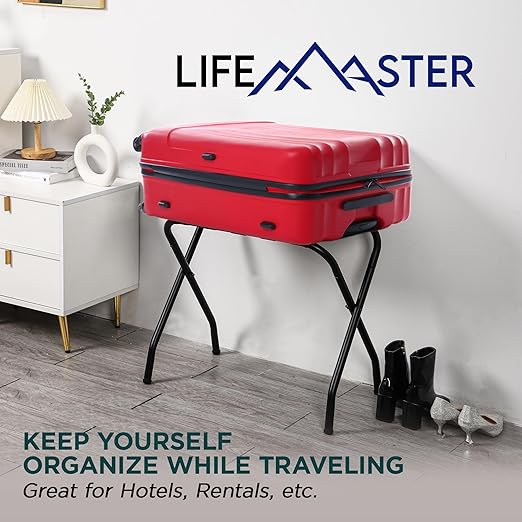 Lifemaster Metal Luggage Rack - Pack of 3 Foldable, Easy Assembly, Space Saving, and Stylish Steel Frame Guest Suitcase Stands with Nylon Straps - Black