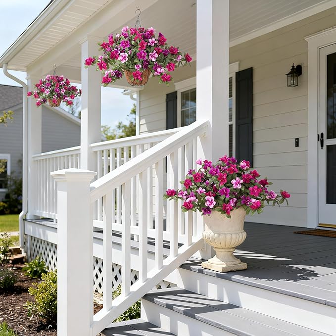 Artificial Fake Azalea Flowers for Outdoor Spring Decoration, Faux Silk Flower for Summer UV Resistant Look Real Plants for Garden Yard Porch Walkway Indoor Decor, 2PCS