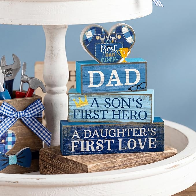 Lineshading 4 Pcs Fathers Day Table Decorations Wooden Blue Heart Trophy Decor Happy Father's Centerpieces Gifts for Dad from Daughter Son Fathers Day Decoration for Home Shelf Indoor Party Decoration