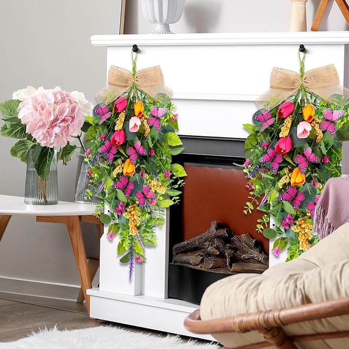 2 PCS 24'' Spring Swags for Front Door Artificial Tulip Teardrop Swags Lavender Butterfly Eucalyptus Swags Wreath Spring Summer Floral Hanging Swags for Farmhouse Wedding Cabinet Home Outdoor Decor