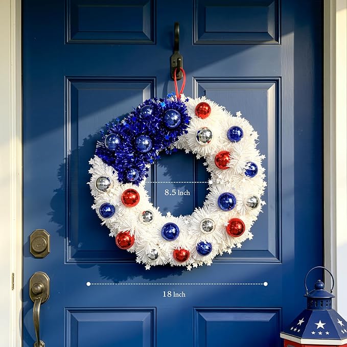 Patriotic Wreath 18 Inch American Flag Wreath for Front Door, Americana Plated Ball Red White and Blue with Stars Decor for 4th of July Memorial Day Veterans Day