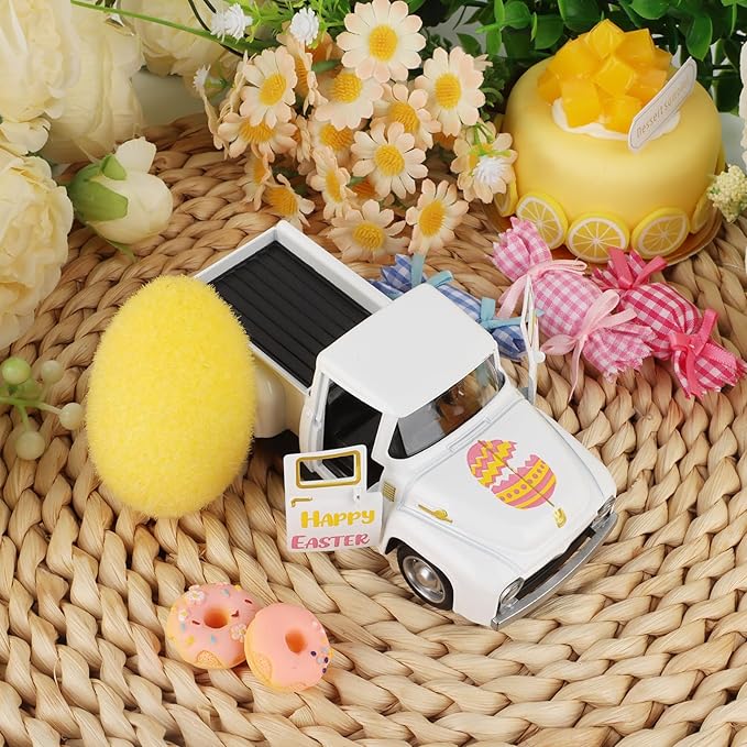 Easter Metal Truck with Yellow Eggs Easter Party Decors Easters Gifts Basket Stuffers Farmhouse Vintage White Metal Truck Decor Vintage Collectible Car for Desk Bookshelf