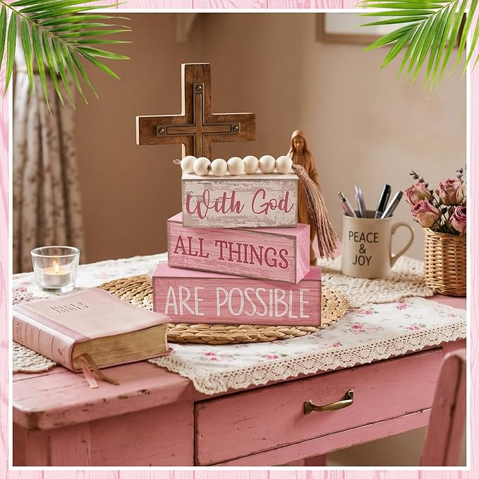 Yuntau 4 Pcs Farmhouse Tabletop Decor Wooden Rustic Inspirational Bible Verse Quotes with God All Things are Possible Decorative Pink Coquette Tiered Tray Decor Christian Gift for Women Home Shelf