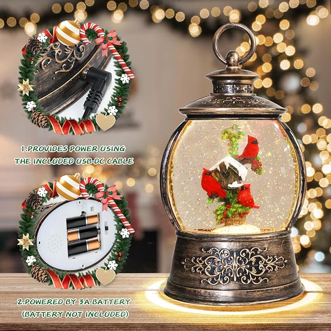 Christmas Cardinal Snow Globe 12.5In High, Musical Snow Globe Lantern Lights with 6 Hour Timer, Retro Style Holiday Glitter Globe for Xmas Home Decoration and Santa Gifts-Red Cardinal