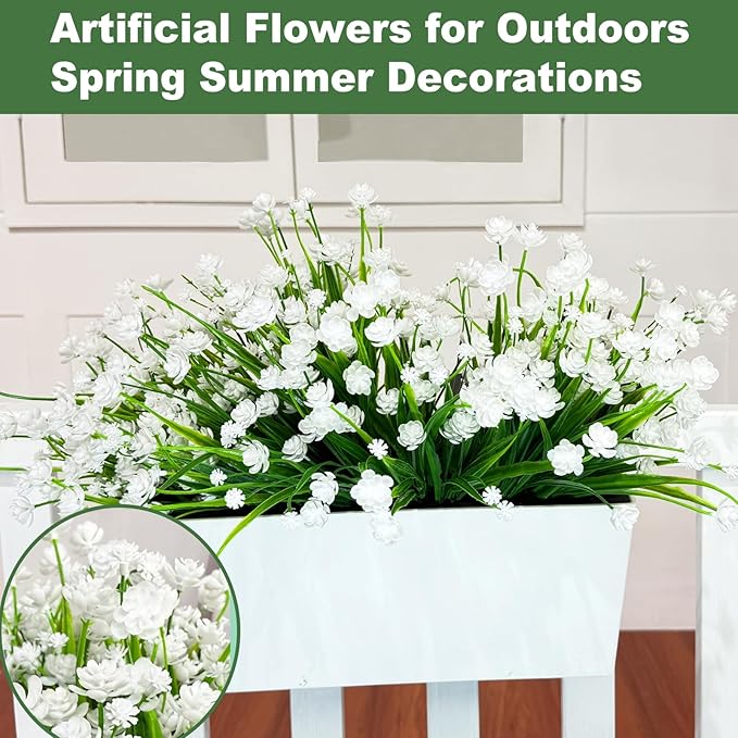 12 Bundles Artificial Flowers for Outdoors Spring Decor, Realistic UV Resistant Fake Plants Faux Plastic Flowers for Outside Planter Home Gardens Patio Porch Yards Cemetery Summer Decor(White)
