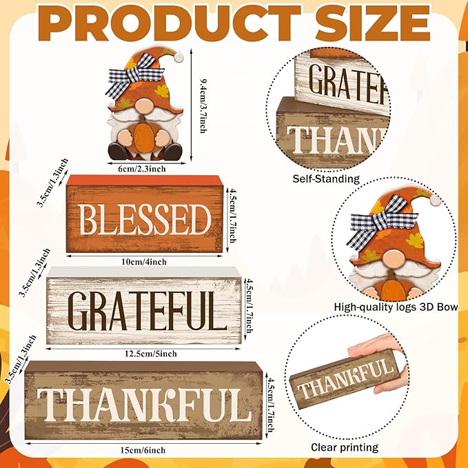 Lineshading 4 Pcs Wooden Farmhouse Tabletop Decor Rustic Home Tiered Tray Decor Decorative Farmhouse Table Decoration Home Block Signs Gift(Blessed Gnome)
