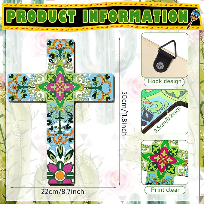 Pinkunn 2 Pcs Mexican Cross Wall Decor Floral Day of The Dead Decoration Hand Painted Wood Wall Art Dia De Los Muertos Altar Decorations Spanish Cross Decor for Home(Vibrant Flower)