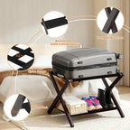 Heybly Luggage Rack, Folding Suitcase Stand with Storage Shelf, Heavy-Duty Luggage Holder for Guest Room Bedroom Hotel, Holds up to 165 lb, Black, HLR010Z1
