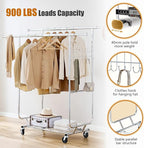 Heavy Duty Clothes Rack Load 900 Lbs, Double Rod Rolling Clothing Rack With Sturdy Wheel And Shelves，Adjustable Portable Hanging Rack For Clothes,Silver Stainless Steel