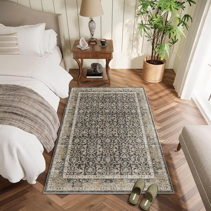 Washable 2x3 Entryway Rug, Boho Non-Slip Door Mat Vintage Distress Small Rugs for Kitchen Nursery Office Bedroom, 0.3" Neutral Oriental Throw Carpet with Cushioning Pad, Brown/White/Multi