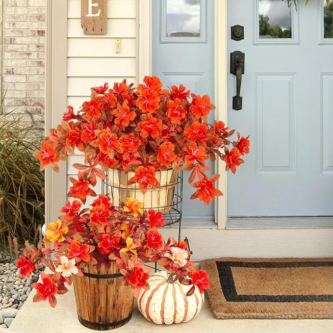Fall Flowers Artificial for Decoration, Fake Silk Rhododendron Flowers for Outdoors, 2 Bundles Faux Azalea Outside UV Resistant No Fade Floral for Home Garden Balcony Walkway Wedding Party Decor