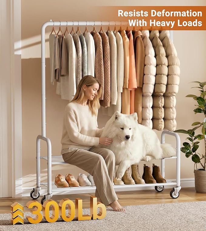 AOODA Heavy Duty Clothes Rack with Shelves, 46.5'' Metal Rolling Clothing Racks for Hanging Clothes, Wardrobe Garment Rack with Lockable Wheels for Coats, Shirts, Shoe Boxes (White)