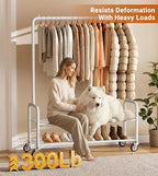 AOODA Heavy Duty Clothes Rack with Shelves, 46.5'' Metal Rolling Clothing Racks for Hanging Clothes, Wardrobe Garment Rack with Lockable Wheels for Coats, Shirts, Shoe Boxes (White)