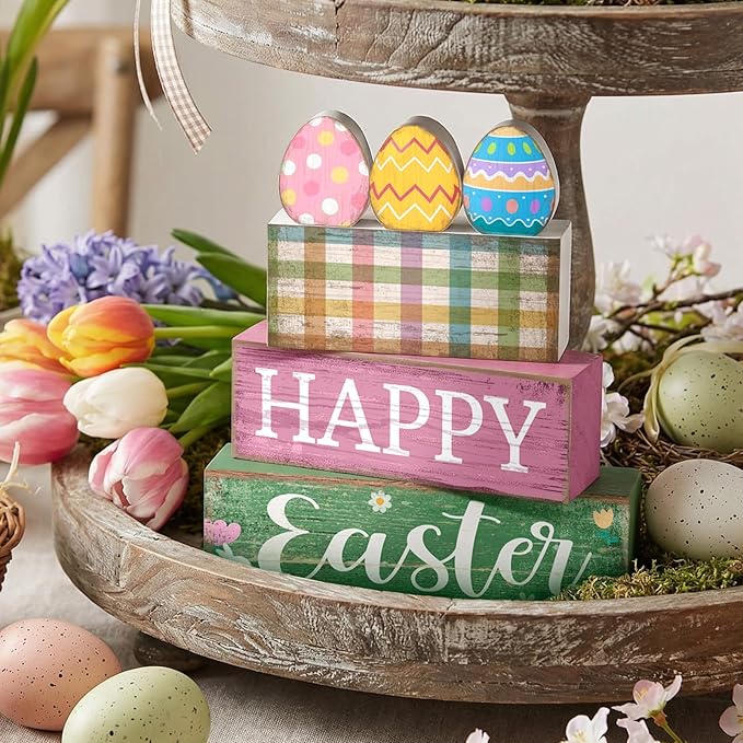 Lineshading 4 Pcs Easter Table Decoration Wooden Pastel Eggs - No Assembly Required Reusable Happy Easter Tiered Tray Decor, Perfect for Home Kitchen Party Farmhouse Centerpieces & Holy Week Gift