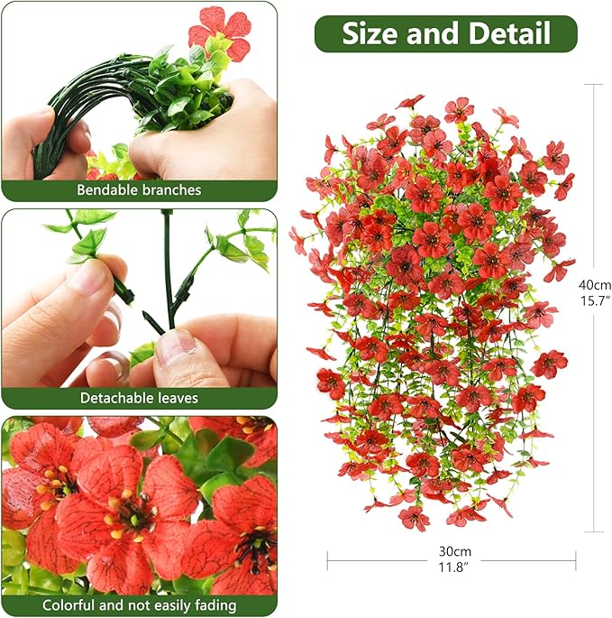 Homsunny Artificial Fake Hanging Flowers Plants for Outdoor Spring Decorations, 2 PCS Faux Daisy Silk Flower Outside No Fade UV Resistant Realistic Home Decor for Porch Patio Window Box (Red
