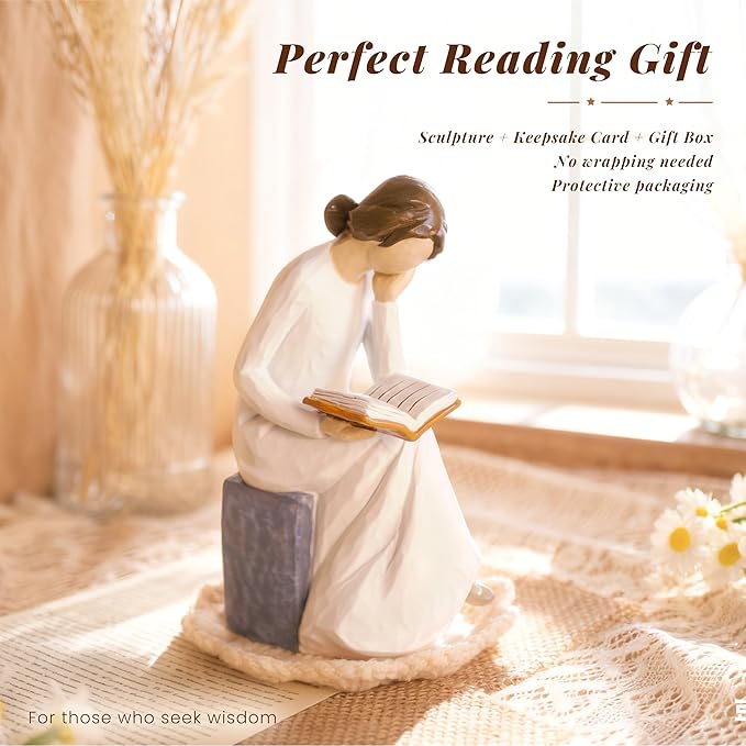 Reading Figurine for Book Lovers Resin Bookshelf Decor Gift for Women,Seated Reading