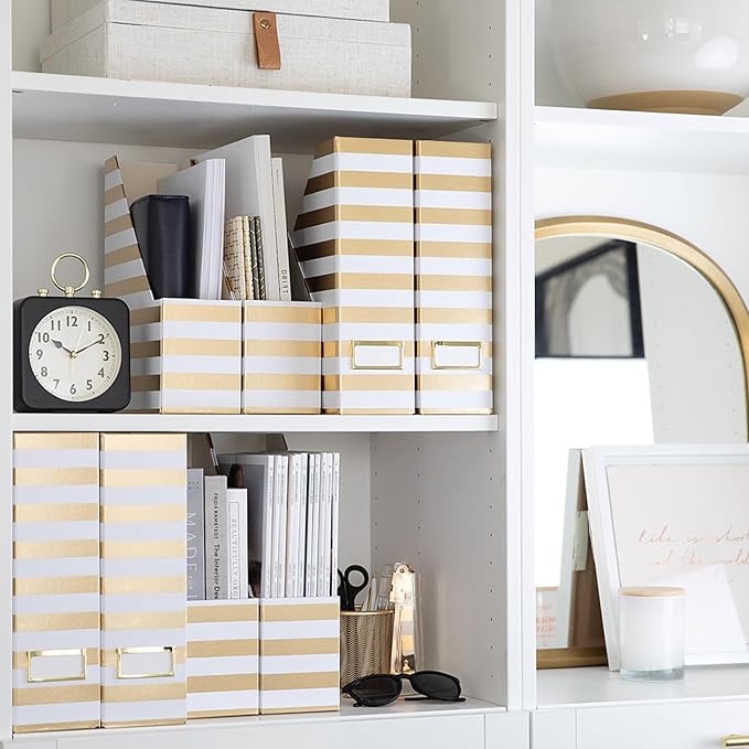 BLU MONACO | Cardboard Magazine File Holder Set of 4 Gold White Stripes | Vertical Magazine File Holder with Label Slots | Standing File Holder and Cardboard Bins for Shelves Desk Classroom
