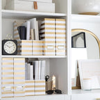 BLU MONACO | Cardboard Magazine File Holder Set of 4 Gold White Stripes | Vertical Magazine File Holder with Label Slots | Standing File Holder and Cardboard Bins for Shelves Desk Classroom