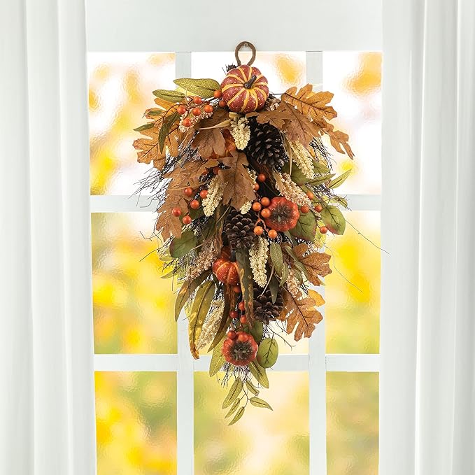 Glitzhome Decorative Teardrop Swag for Front Door, Artificial Wall Swags with Leaf & Pumpkins & Pine Cones & Berries for Home Porch Wall Window Halloween Thanksgiving Indoor Outdoor Decor