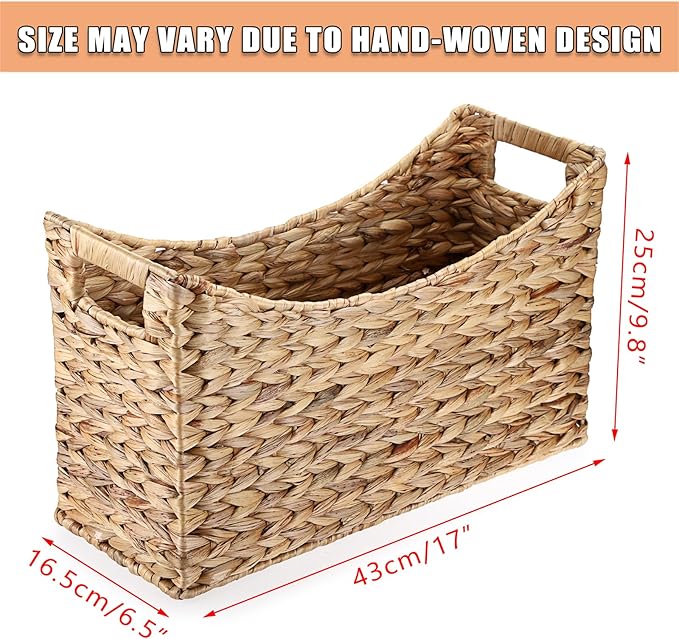 BTSKY Woven Magazine Holder, Water Hyacinth Magazine Basket, Natural Storage Basket Bin for Books & Files, Bathroom Magazine Rack with Built-in-Handle for Home, Office & Desk - 17x6.5x9.8 Inch