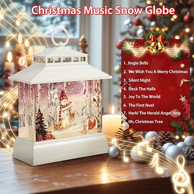 Christmas Snow Globe Lantern Water Glittering Lantern with 8 Songs & 6H Timer Romote Control Christmas Snow Globes USB & Battery Operated for Christmas Festival Decorations Gifts (Snowman)