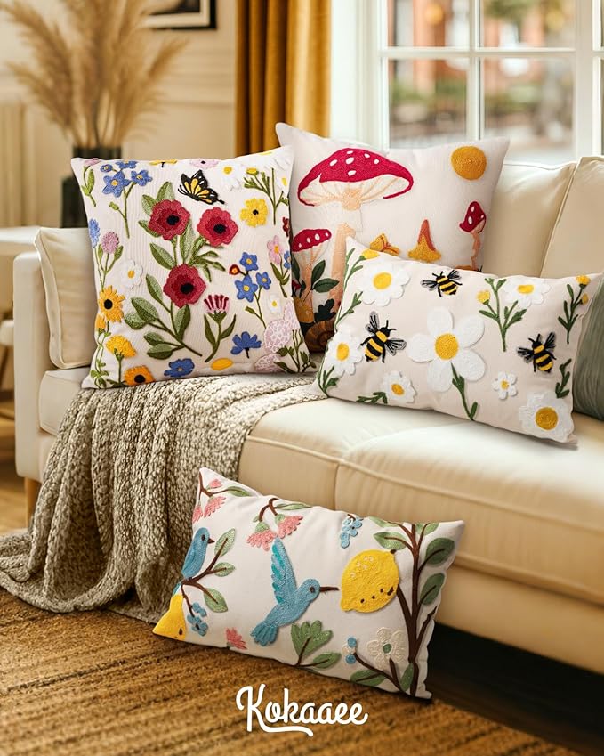 Embroidered Lumbar Pillow Cover 20x12 Inch - Spring Summer Boho Decorative Pillow Cover with Zipper for Living Room Couch Sofa Bed Aesthetic Design Bird Lemon Cushion Pillowcase