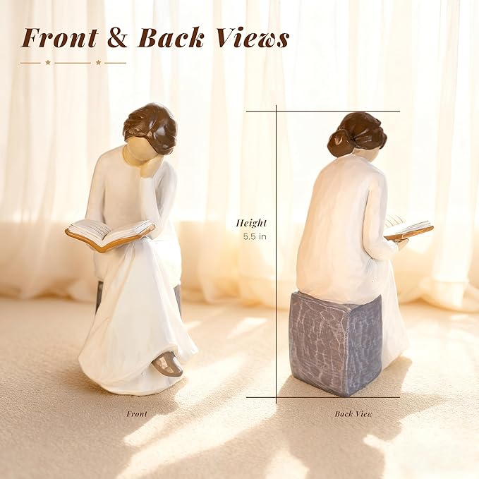 Reading Figurine for Book Lovers Resin Bookshelf Decor Gift for Women,Seated Reading