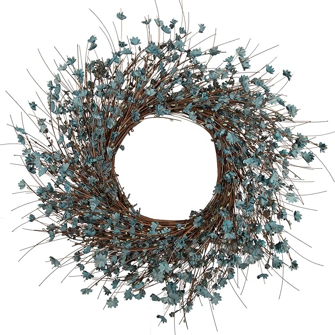 Blue Wildflower Wreath with Berries, 26 Inch Handmade Spring Summer Decoration for Front Door Wall Wedding Party, Indoor/Outdoor Artificial Floral Wreath (Navy Blue)