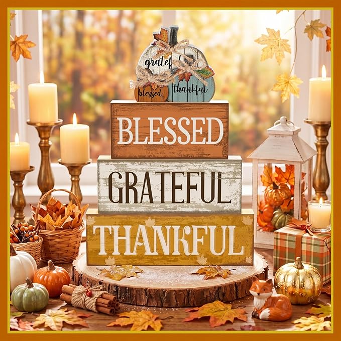 Lineshading 4 Pcs Fall Pumpkin Decor Fall Table Decoration Thanksgiving Tiered Tray Decor Thanksgiving Centerpiece Rustic Stacked Pumpkin Block Signs Farmhouse Harvest Decoration for Home Kitchen
